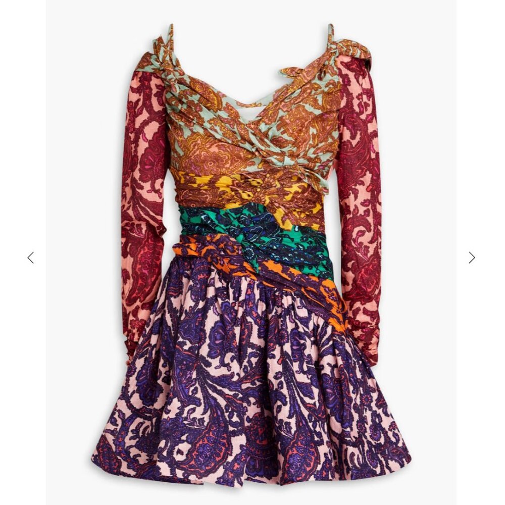 NWT ZIMMERMANN Cold-shoulder knotted paisley-print linen mini dress